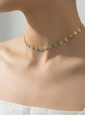 超仙气蓝色滴油小花拼接项链不锈