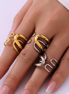 欧美ins设计感钛钢拼色光面线条缠绕多层戒指高端个性双环交叉戒