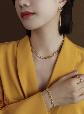 Marka欧美风钛钢金叶项链套装