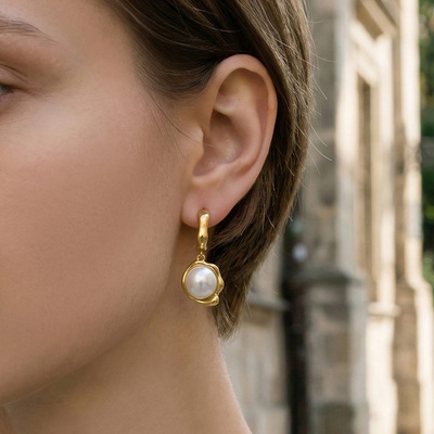 贝珠耳环不锈钢镀金耳钉耳坠小众