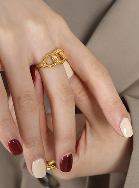 欧美创意小众设计链条环戒指冷淡风时髦开口指环潮酷钛钢镀18K金