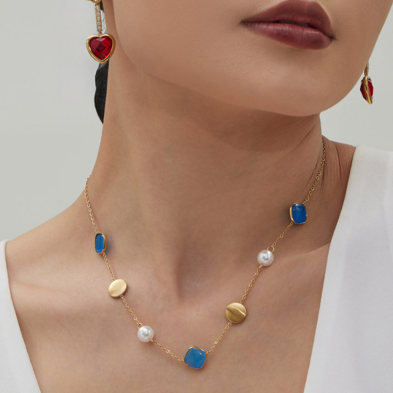 拼接糖果彩色猫眼石仿珍珠锁骨链复古钛钢叠戴轻奢项链显白女配饰