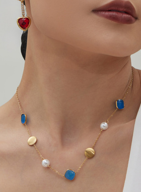 拼接糖果彩色猫眼石仿珍珠锁骨链