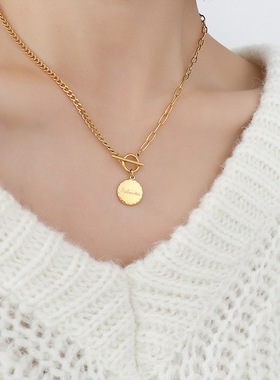 欧美新款ins链条打造OT扣圆牌吊