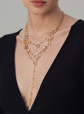 不锈钢镀金隔珠链微满钻镂空四叶