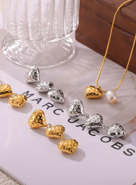 意大利爱心纹理吊坠耳环项链淡水珍珠配件钛钢锁骨链长款耳饰套装