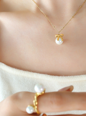 法式ins仿珍珠蝴蝶结耳环耳饰钛钢18k金项链 锁骨链饰品套装配饰