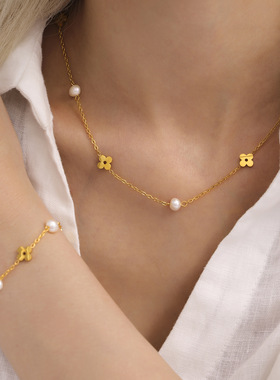 淡水珍珠四叶花真金项链手链