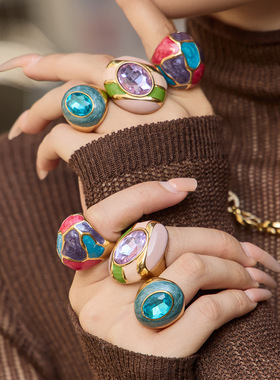 chic时尚珐琅彩釉玻璃石戒指ins