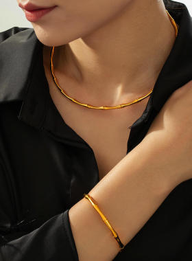 欧美跨境ins简约设计感竹节骨节百搭首饰女钛钢镀18k真金饰品套装