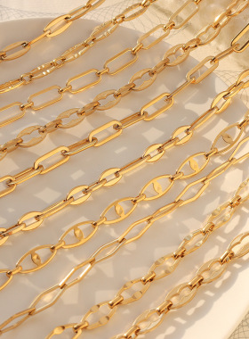 欧美风嘻哈潮款几何元素叠戴简约裸链钛钢镀18金手链项饰套装