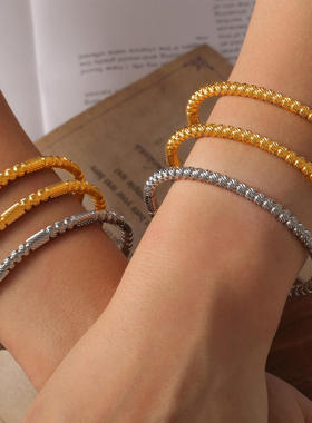 欧美跨境新款钛钢纹理圆珠手环简约时尚百搭高端首饰几何珠子手镯