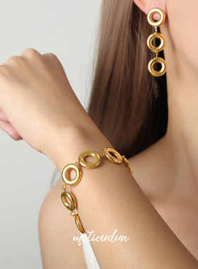 韩系时尚通勤简约百搭饰品几何亮面圆环拼接设计钛钢镀金首饰套装