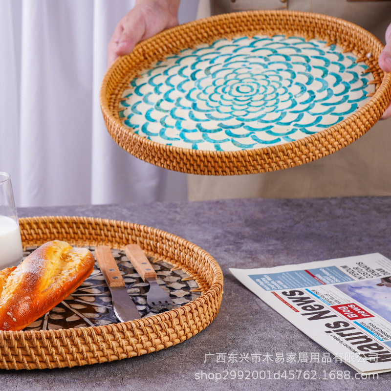 手工藤编贝壳彩色收纳圆