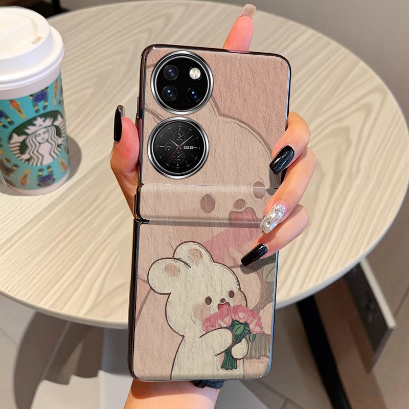 小熊捧花适用华为P50Pocket手机壳皮套全包中轴Pocket2折叠屏PocketS个性novaflip潮牌PuraX磁吸铰链保护套