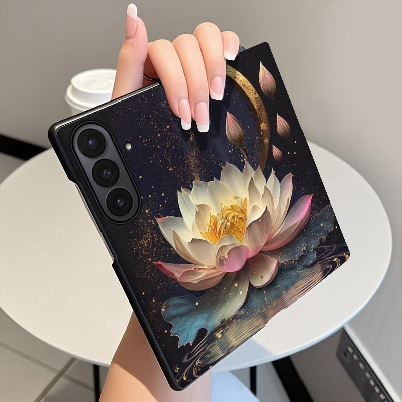 月下莲花适用三星ZFold7手机壳翻盖皮套ZFold6全包中轴铰链ZFold5折叠屏Galaxyw25磁吸智能休眠w24保护套
