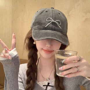 复古灰色鸭舌帽子女夏季蝴蝶结刺绣春秋水洗做旧宽檐显脸小棒球帽