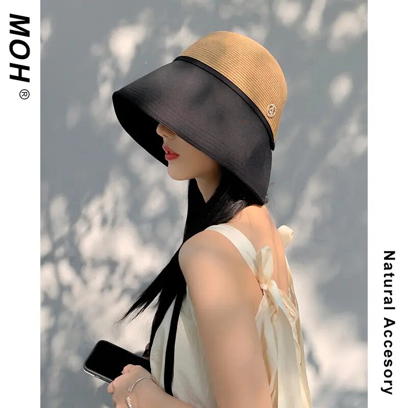 帽优欧大檐水桶帽子女夏季遮脸防晒帽防紫外线渔夫帽出游遮阳草帽