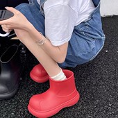 百搭红色女生赶海鞋 防水雨鞋 大头鞋 小丑雨靴时尚 女款 短筒加绒水鞋