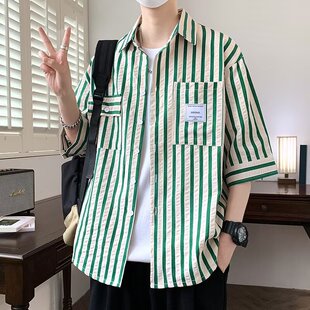 特大码青少年条纹短袖衬衫男夏季薄款潮牌休闲衬衣夏天潮流上衣