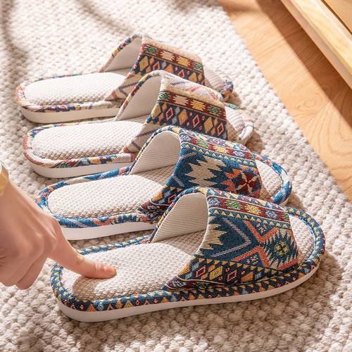 两双装亚麻拖鞋女春秋家用情侣家居室内静音防滑四季棉麻布拖鞋男