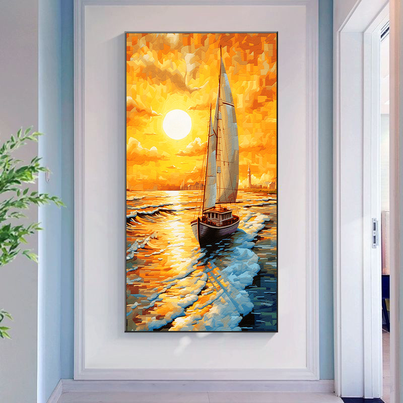 一帆风顺 帆船夕阳海上风景diy数字油画手工填色油彩画玄关装饰画