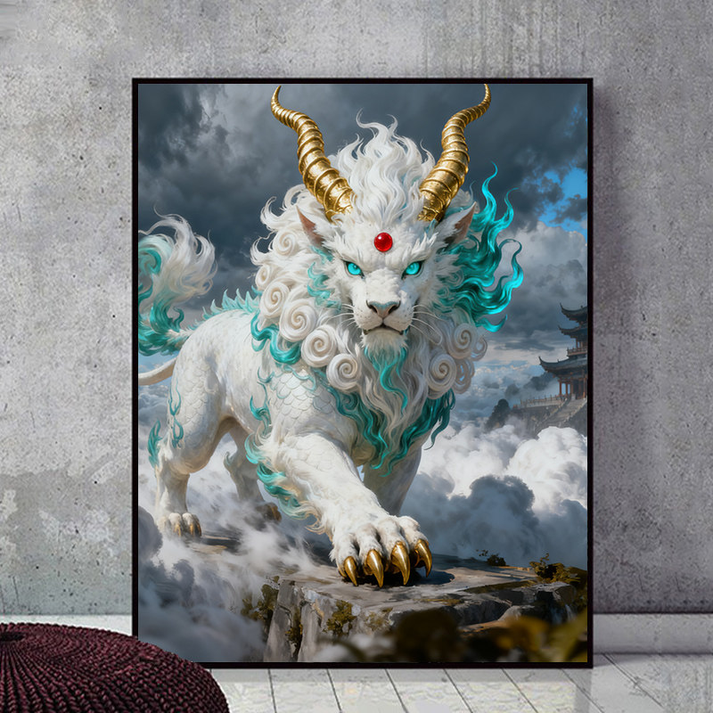 中国风山海经 瑞兽貔貅diy数字油画手绘填色油彩画 办公室装饰画