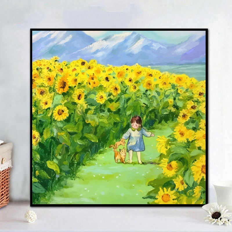 小清新向日葵女孩diy数字油画手工填色油彩画 植物花卉现代简约画