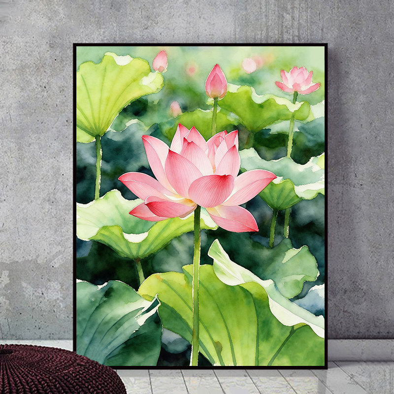 映日荷花别样红diy数字油画手工填色油彩画 唯美荷塘花卉装饰画