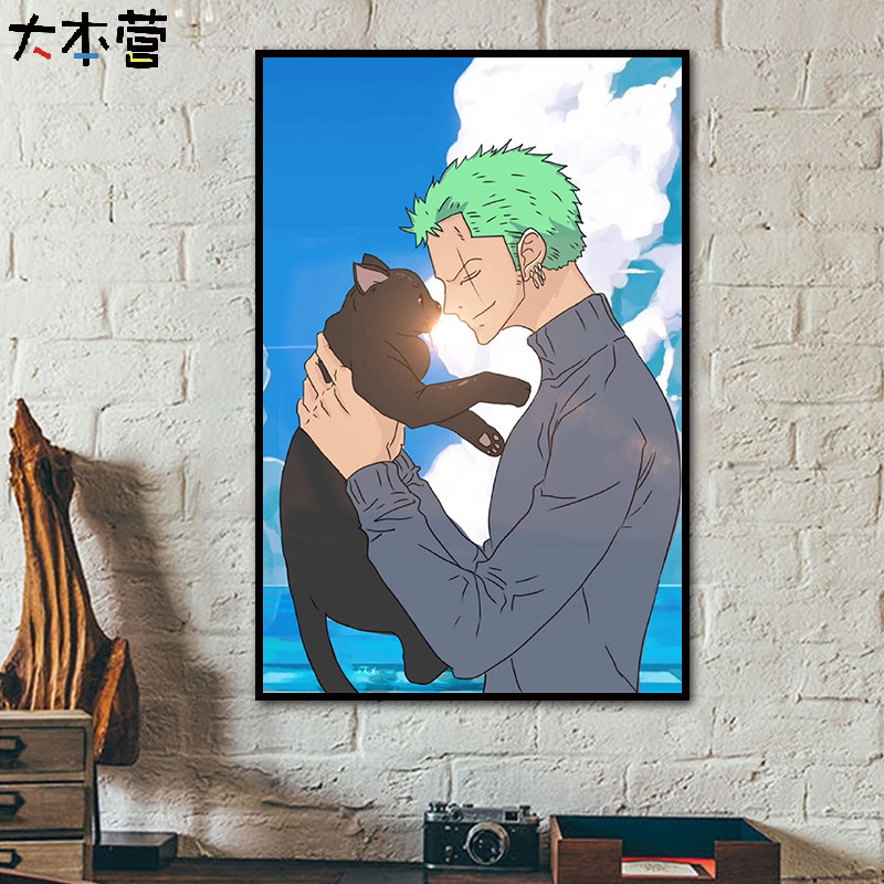 索隆黑猫咪diy数字油画 手绘填色油彩画 可爱唯美卡通动漫海贼王