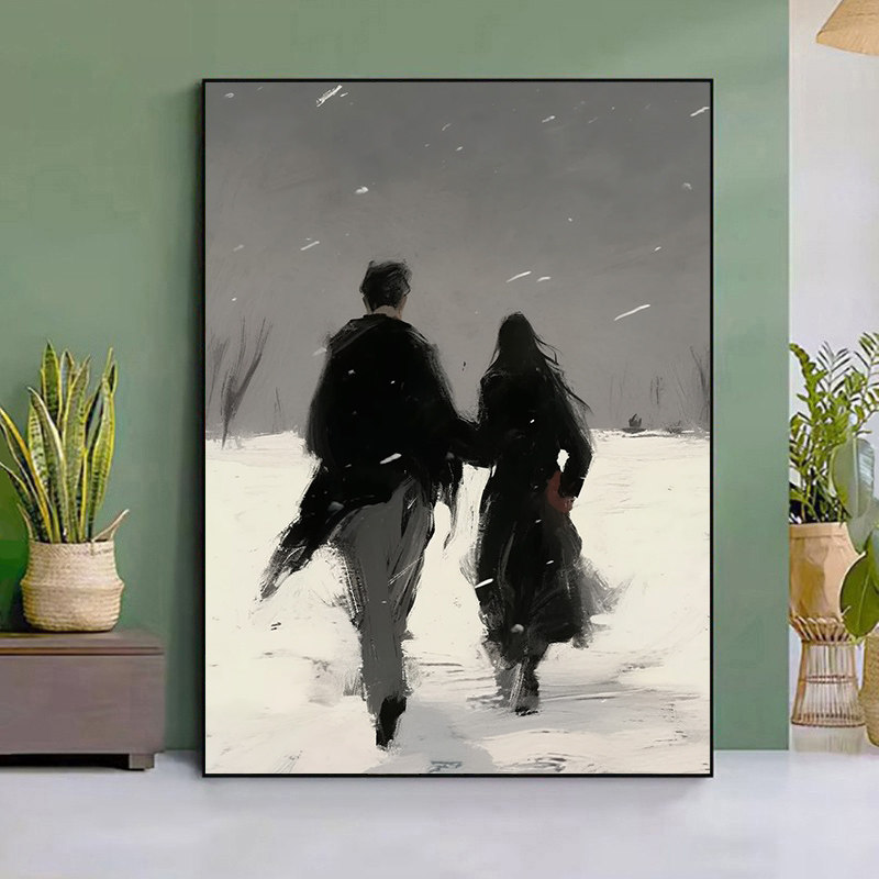 雪地散步情侣 黑白简约风diy数字油画手工填色艺术油彩画装饰画