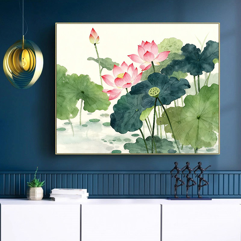 荷花荷塘风景水彩画diy数字油画手工填色油彩画 唯美现代家居挂画