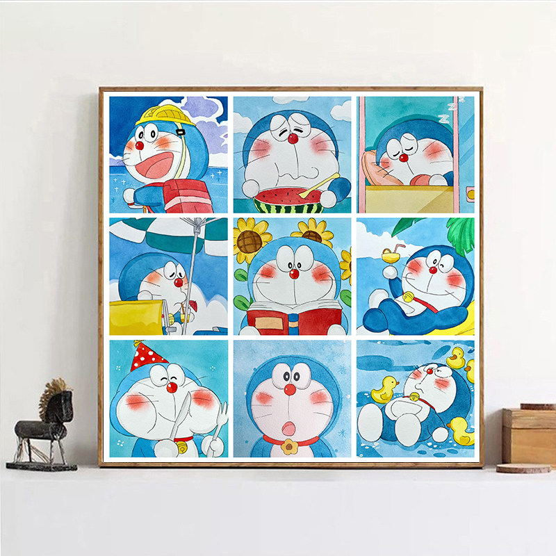 九宫格哆啦a梦diy数字油画 手绘填色丙烯油彩画 夏日可爱的蓝胖子