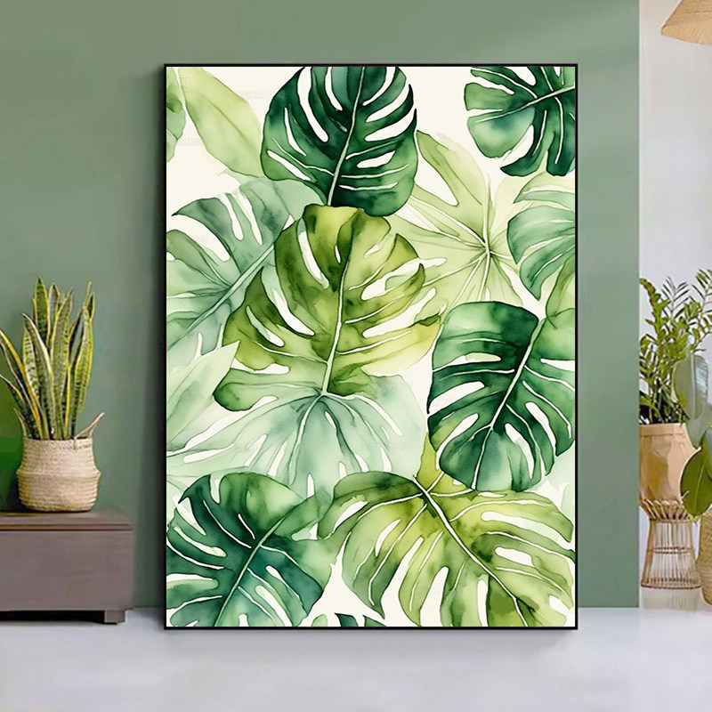 绿色龟背叶 唯美欧北简约植物diy数字油画 手绘填色丙烯油彩画