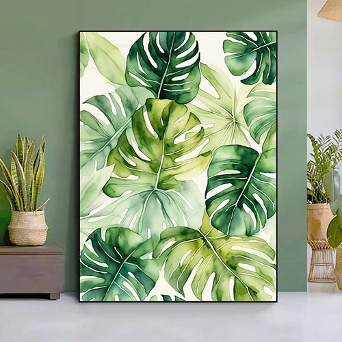 绿色龟背叶 唯美欧北简约植物diy数字油画 手绘填色丙烯油彩画