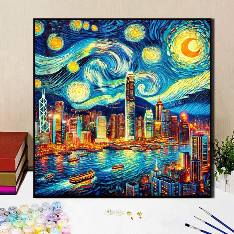 梵高星空城市 香港维多利亚港湾diy数字油画 手绘填色风景油彩画