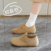 真皮复古风勃肯鞋 软底一脚蹬魔术贴不累脚豆豆单鞋 女2026春季 新款