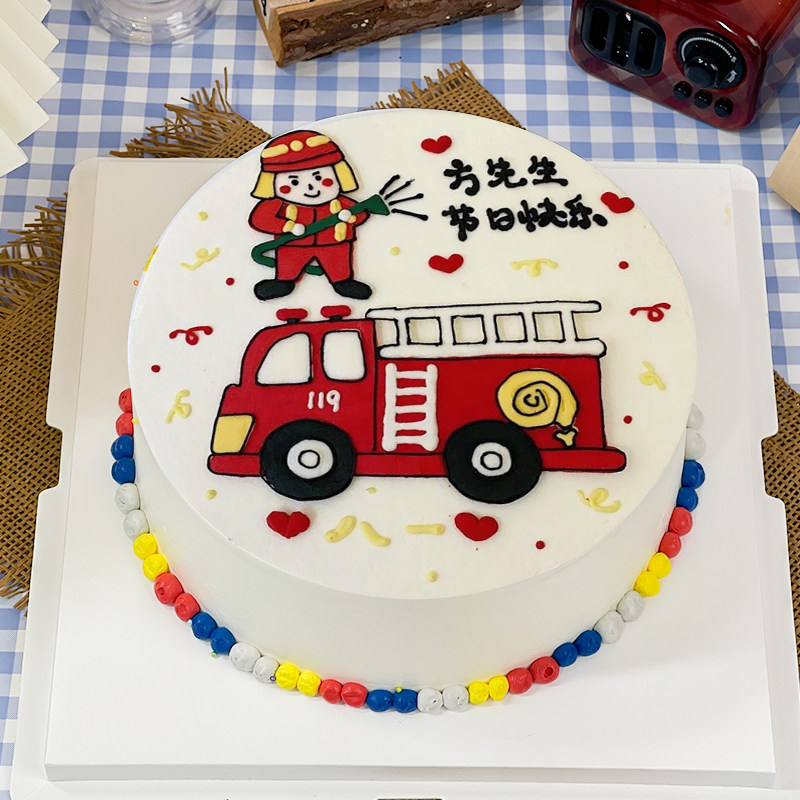 消防员生日蛋糕网红创意手绘军人警察蓝朋友全国同城配送上海广州