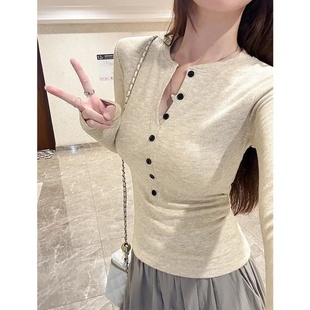 美式辣妹心机半开领长袖T恤女ins修身纯欲上衣秋冬加绒内搭打底衫