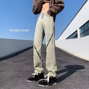美式高街拉链牛仔裤男中性风复古痞帅宽松阔腿黄泥蓝长裤子ins潮