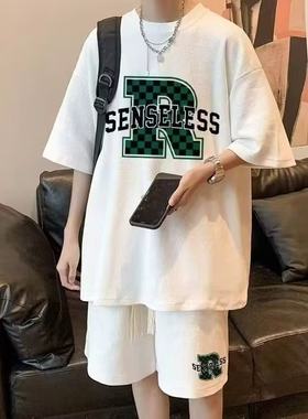 短裤原宿五分袖男休闲套装简约T恤时尚ins夏季新款文艺潮流慵懒