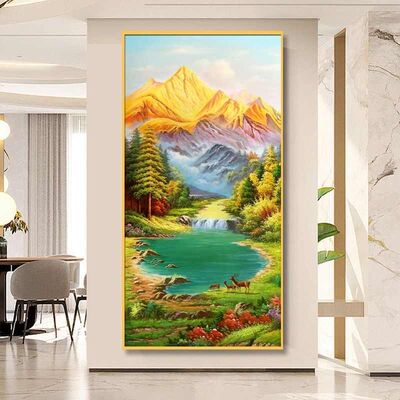 流水生财山水玄关装饰挂画背景墙入户正对门青绿聚宝盆走廊尽头画