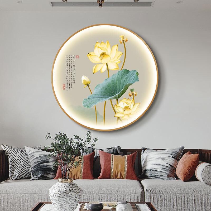 新中式金色荷花带灯装饰画茶室餐厅圆形壁画客厅玄关走廊莲花挂画