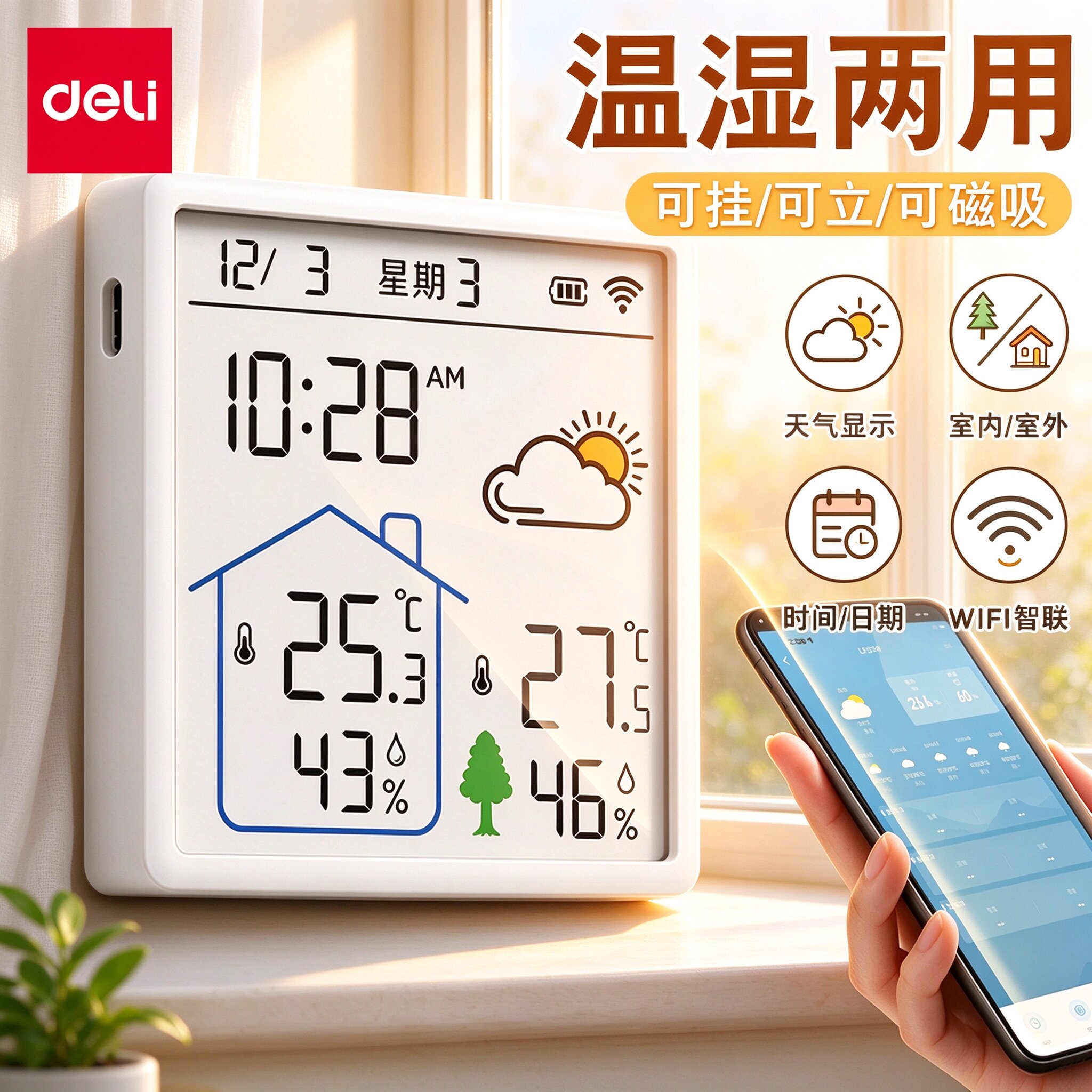 得力电子温湿度计室内家用高颜值精准干湿度计高精度显示器室温计