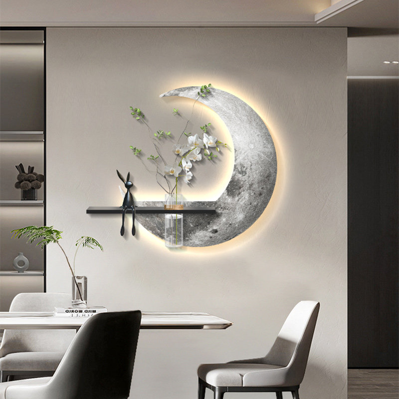 现代简约餐厅装饰画轻奢高级感水培绿植挂画餐桌背景墙带月亮壁画