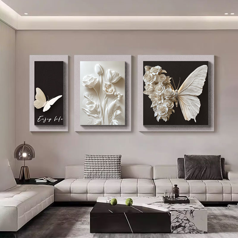 黑白蝴蝶客厅装饰画高级感沙发背景墙挂画现代轻奢花卉立体三联画图片