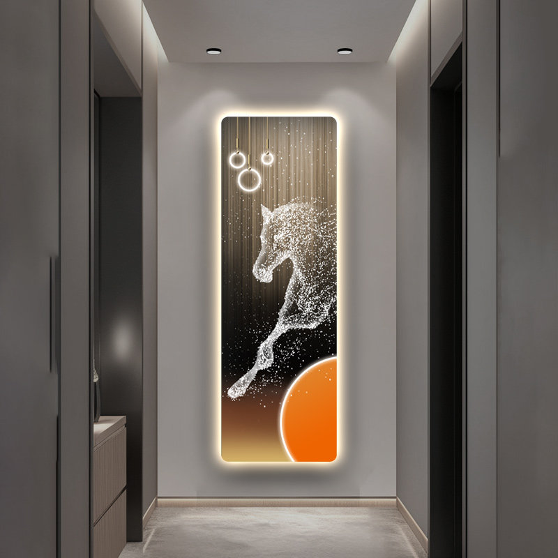 轻奢骏马玄关装饰画大气走廊过道挂画高级感客厅入户led带灯壁画