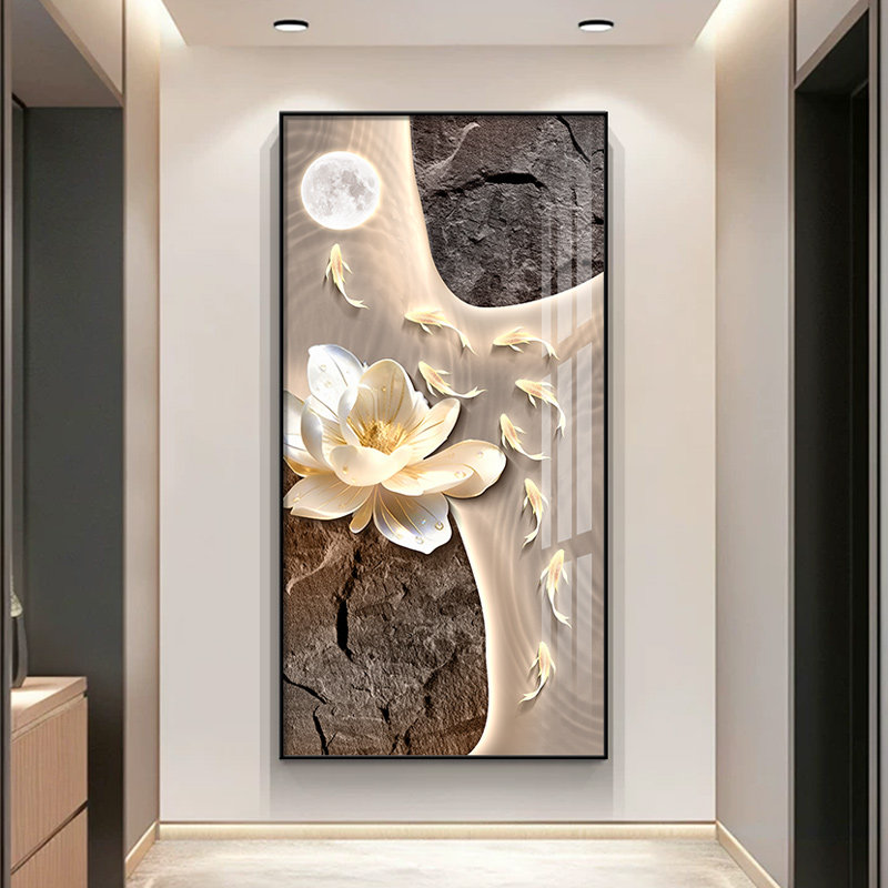 轻奢高级感荷花锦鲤玄关装饰画九鱼入户门挂画简约鹿走廊过道壁画