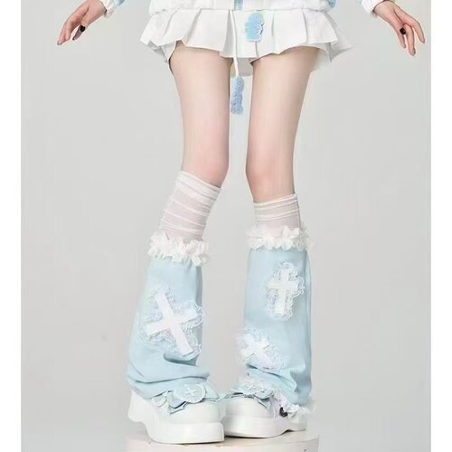 甜美日系十字架蕾丝花边长筒袜套女夏季天蓝色绑带y2k袜套