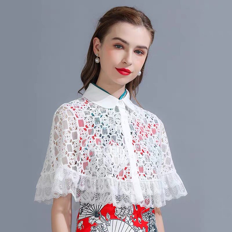 蕾丝镂空小披肩女夏百搭短款防晒开衫白色几何图案外搭